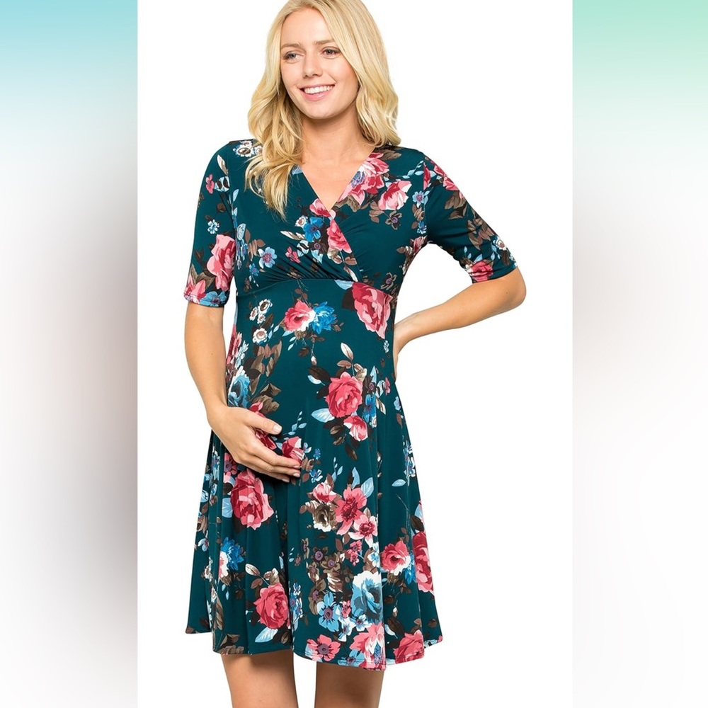 My Bump Maternity Dress teal with flowers EUC XL pregnant pregnancy